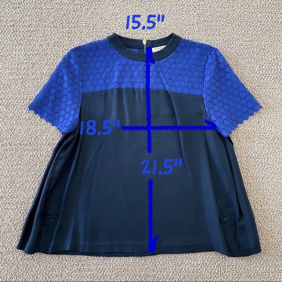 BAND OF OUTSIDERS Navy Silk Short Sleeve Top with Blue Mesh Shoulders, 2 - Picture 3 of 7